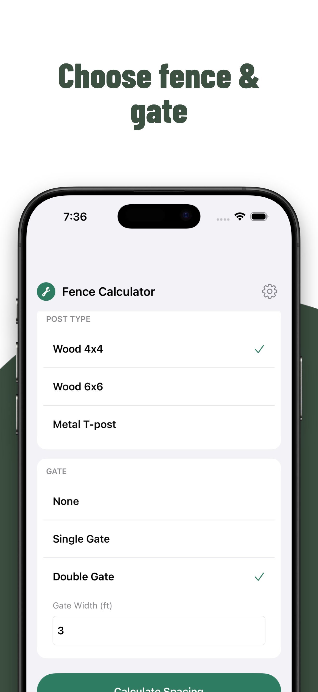 Fence Calculator Pro material cost estimate screen.